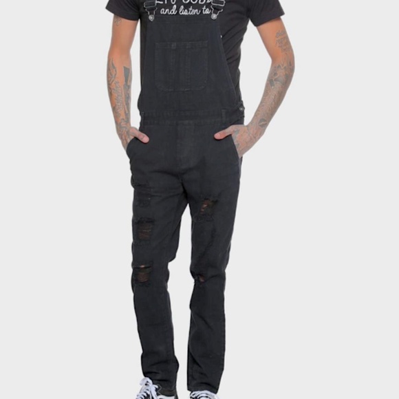 Hot Topic XXX RUDE Black Destructed Overalls - Unisex Size 28 Waist - Picture 2 of 11